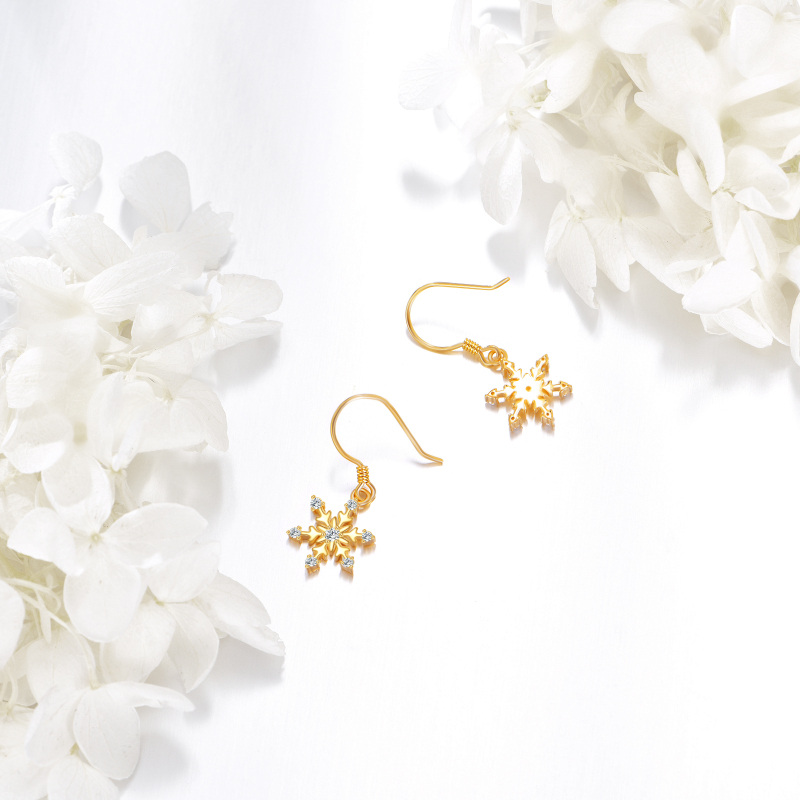 10K Gold Cubic Zirconia Snowflake Drop Earrings-3
