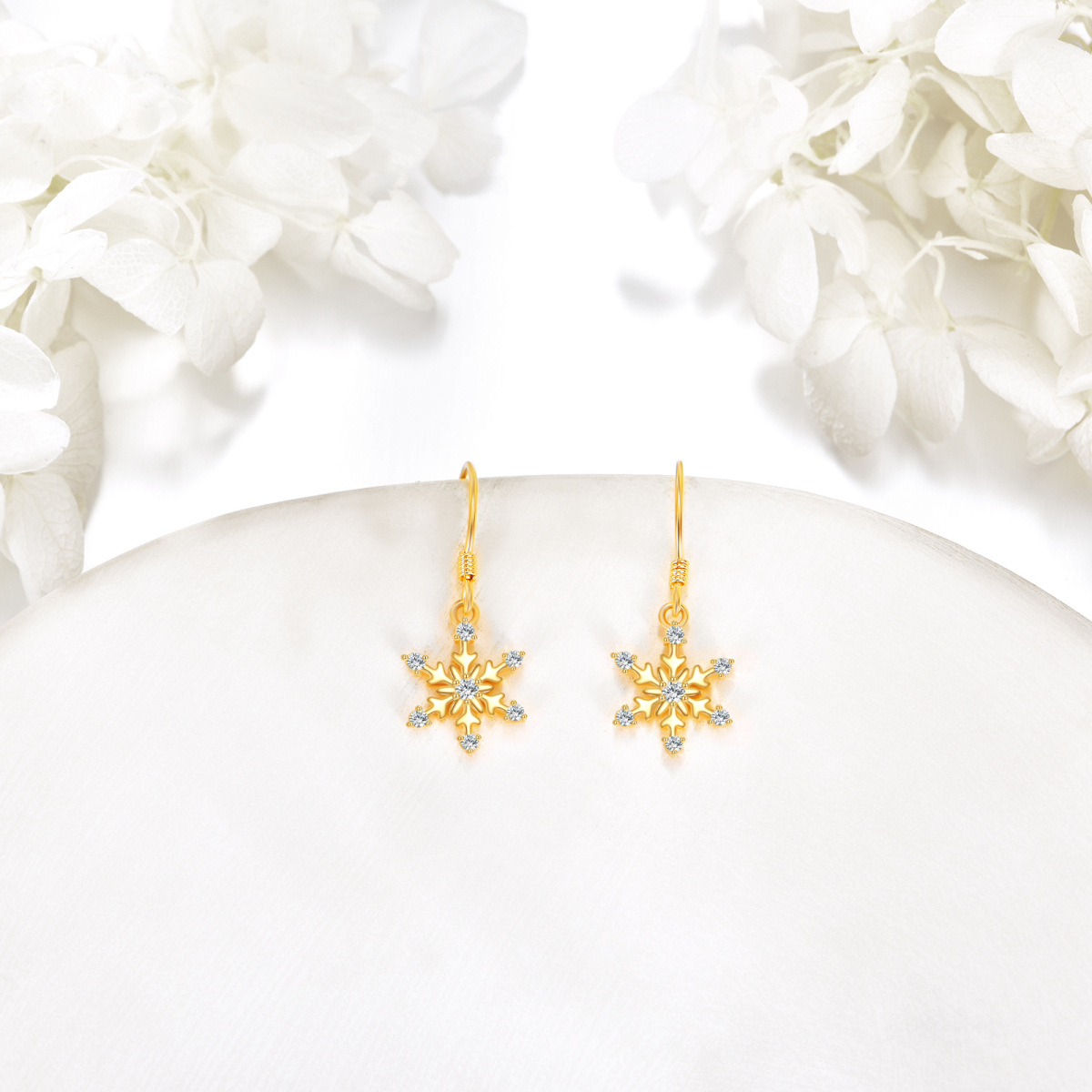 14K Gold Cubic Zirconia Snowflake Drop Earrings-4