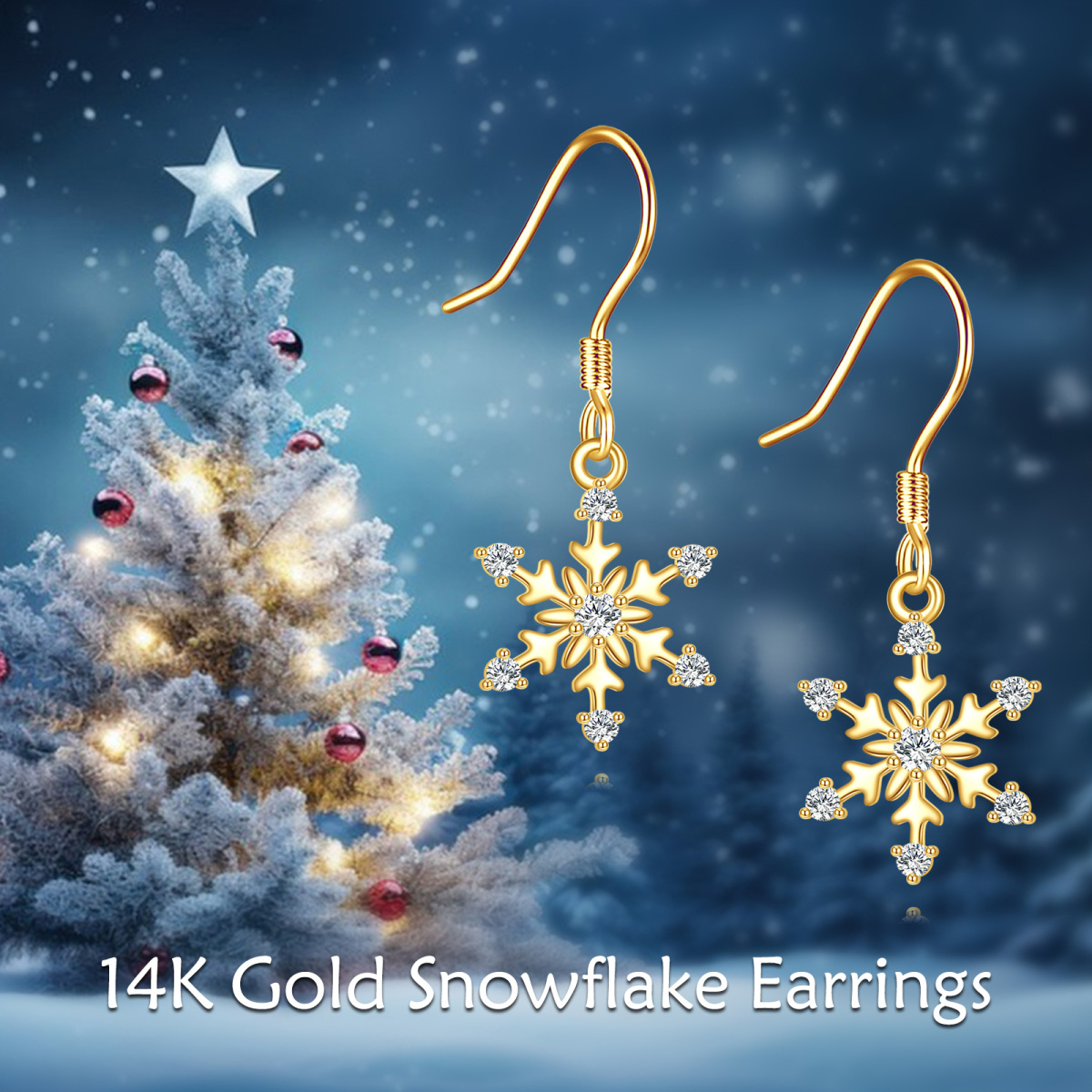 14K Gold Cubic Zirconia Snowflake Drop Earrings-6