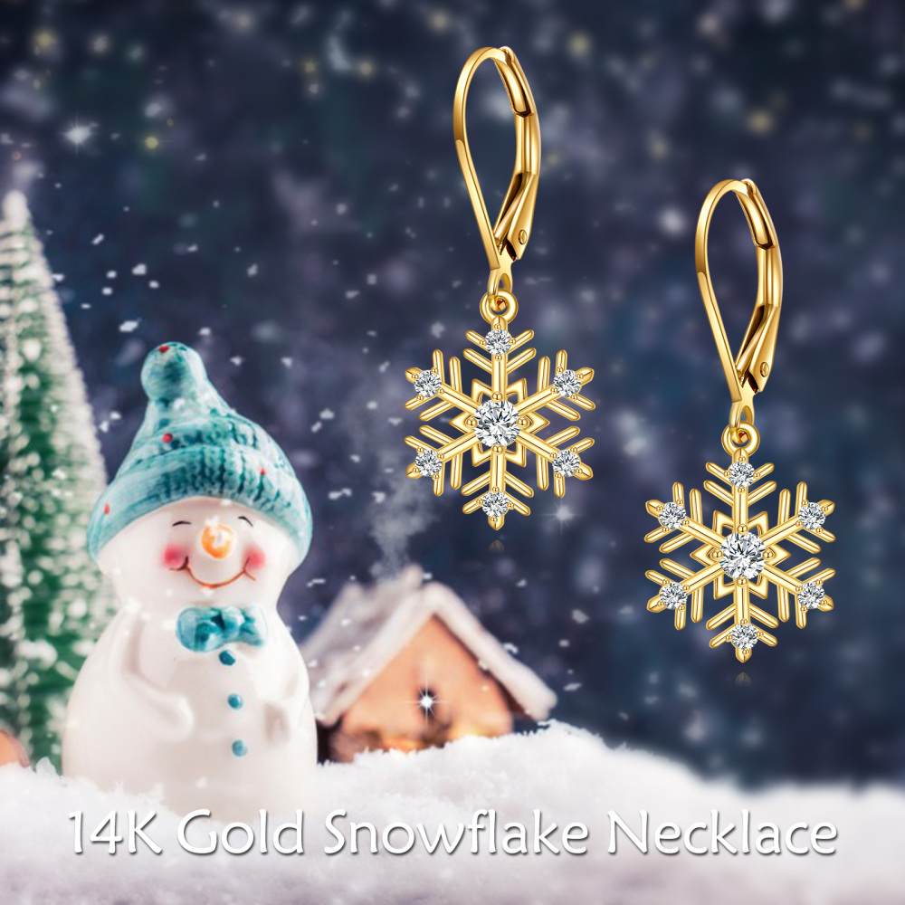 Pendientes colgantes de copo de nieve con circonita cúbica en oro de 14 quilates-6