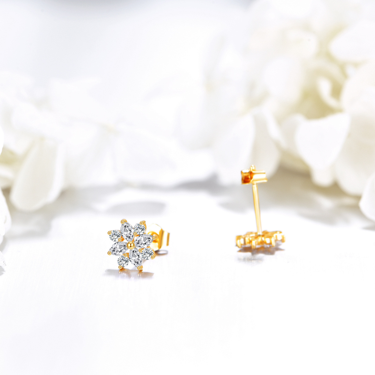 10K Gold Cubic Zirconia Snowflake Stud Earrings-4