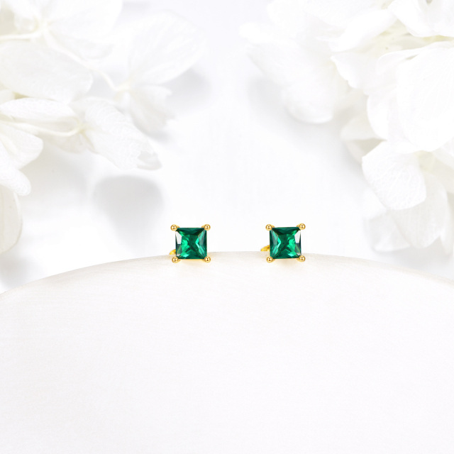 14K Gold Square Emerald Cubic Zirconia Stud Earrings-3