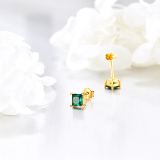 14K Gold Square Emerald Cubic Zirconia Stud Earrings-4