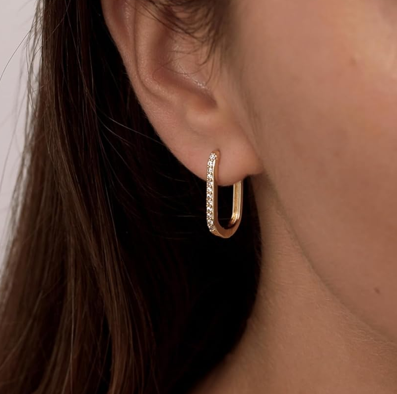 Sterling Silver with Yellow Gold Plated Cubic Zirconia Square Hoop Earrings-2