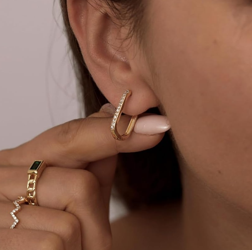 10K Gold Cubic Zirconia Square Hoop Earrings-3