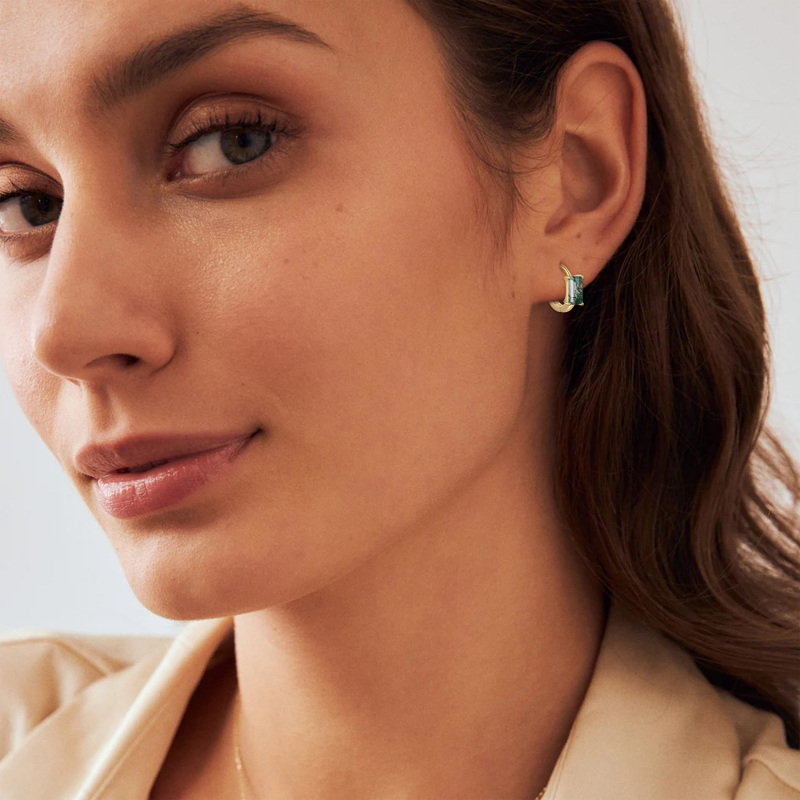 10K Gold Square Moss Agate Hoop Earrings-2