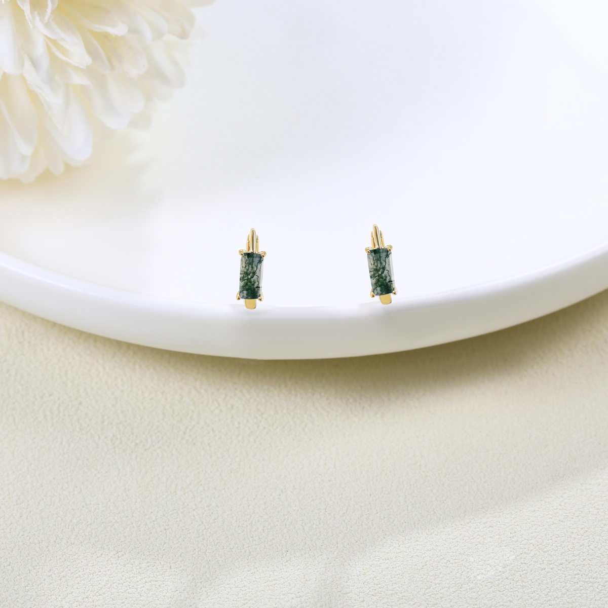 14K Gold Square Moss Agate Hoop Earrings-3