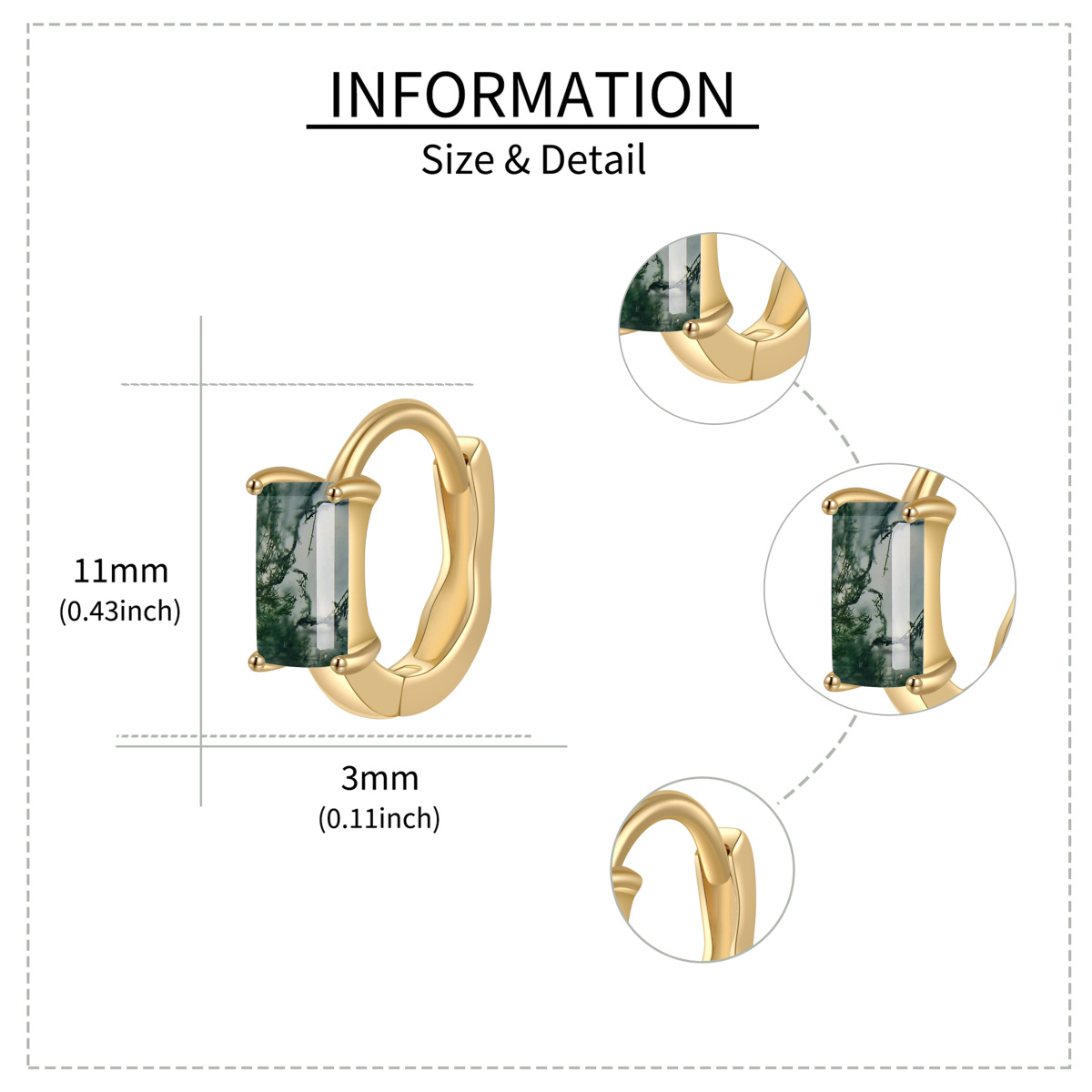 Pendientes de aro de ágata musgosa cuadrados de oro de 14 quilates-5