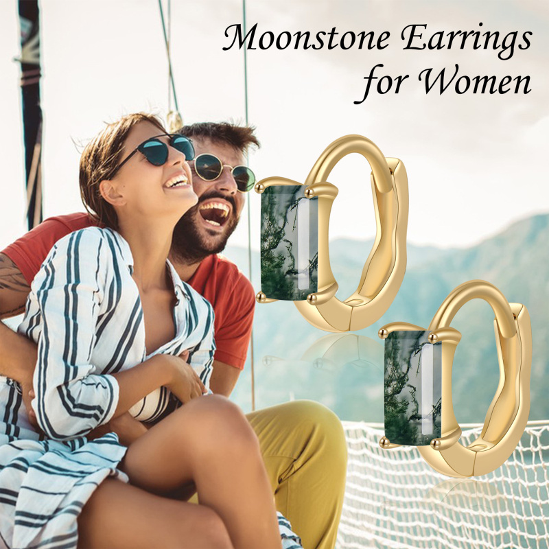 10K Gold Square Moss Agate Hoop Earrings-6