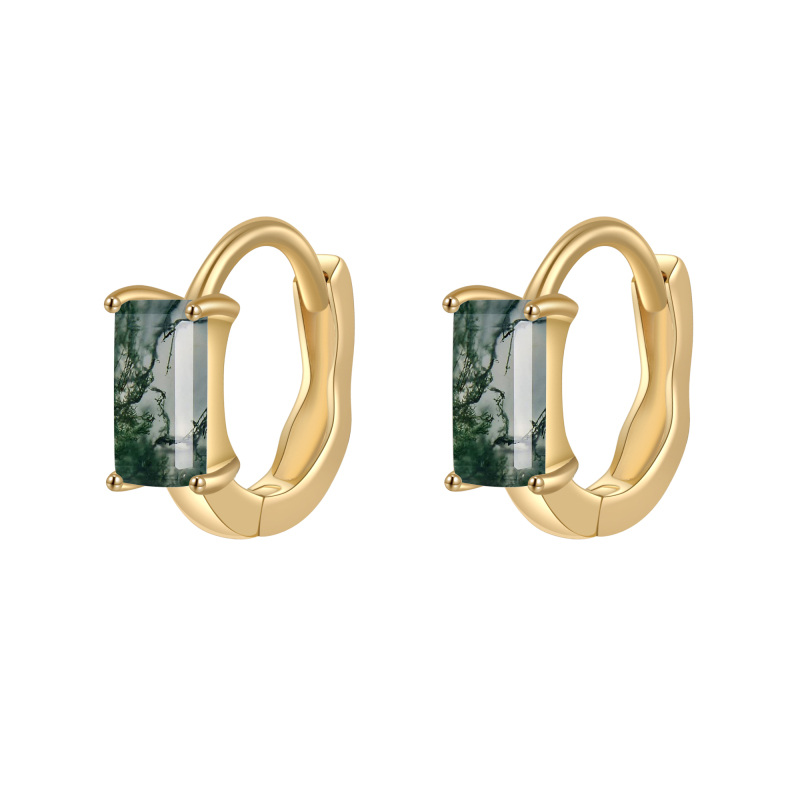 10K Gold Square Moss Agate Hoop Earrings-15