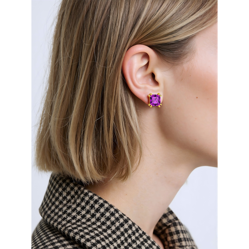 10K Gold Square Personalized Birthstone Stud Earrings-2