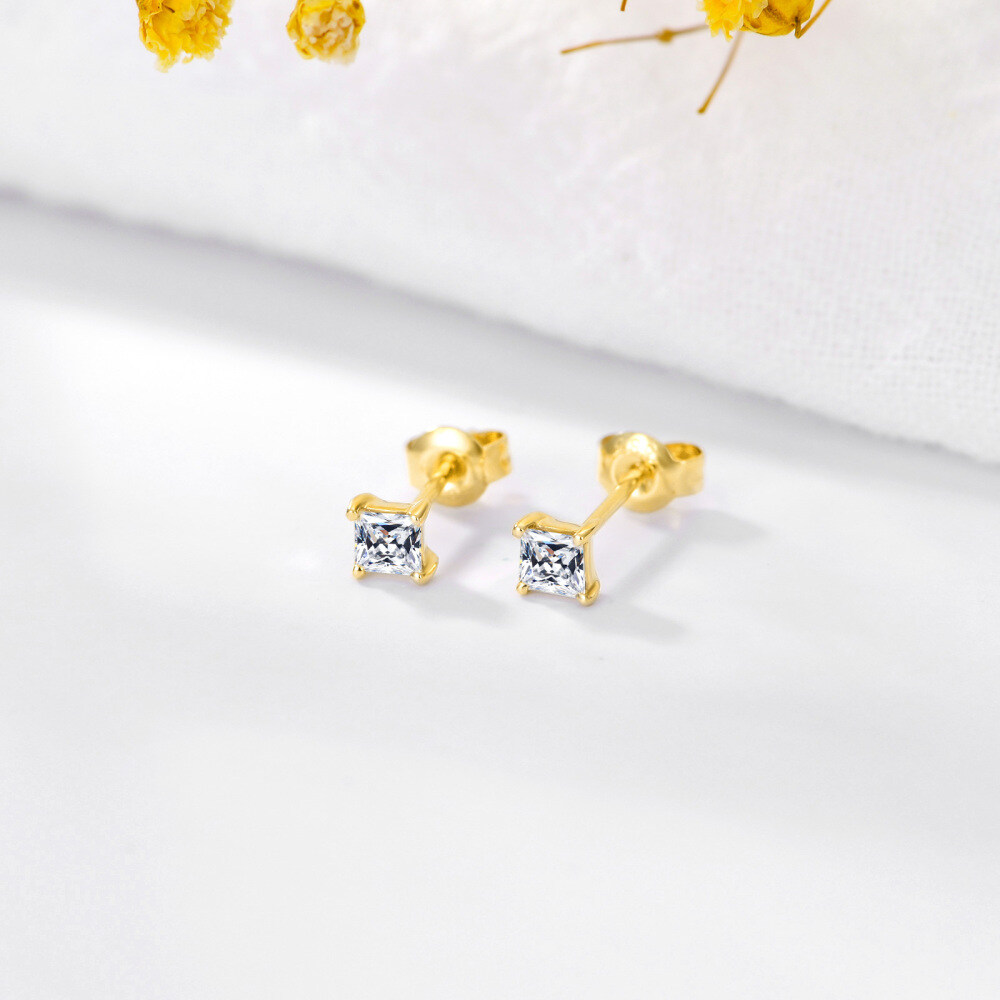 10K Gold Cubic Zirconia Square Stud Earrings-3