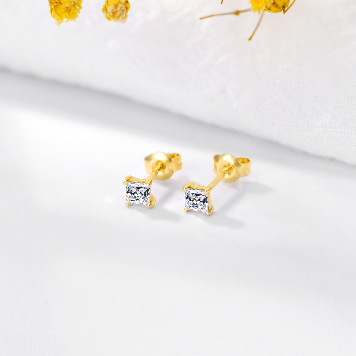 14K Gold Cubic Zirconia Square Stud Earrings-3