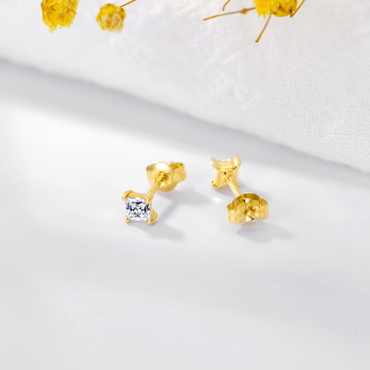 14K Gold Cubic Zirconia Square Stud Earrings-4