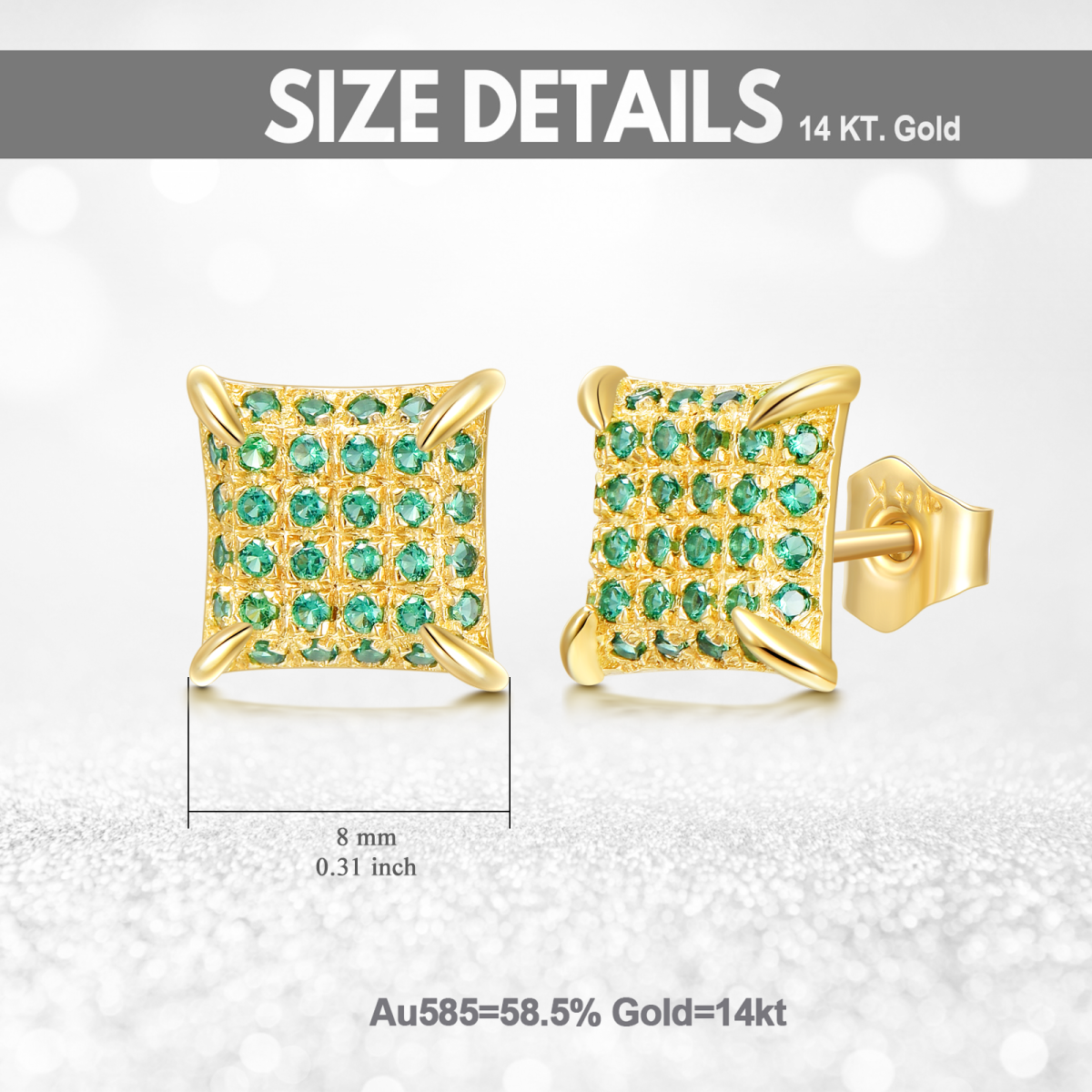 10K Gold Cubic Zirconia Square Stud Earrings For Women-6