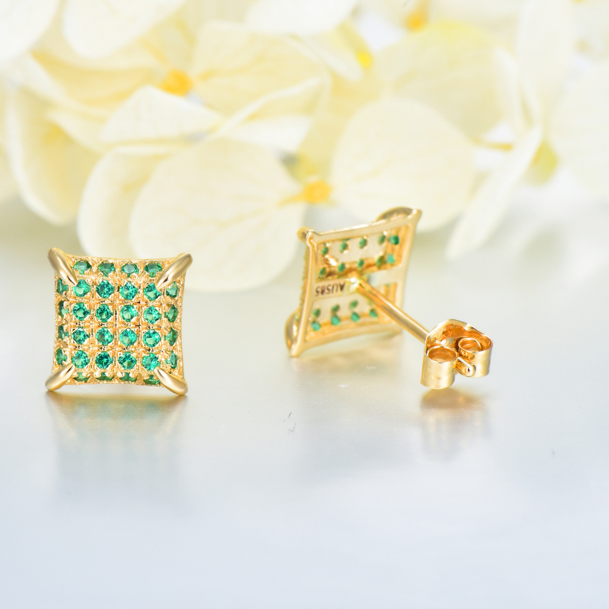 10K Gold Cubic Zirconia Square Stud Earrings For Women-5