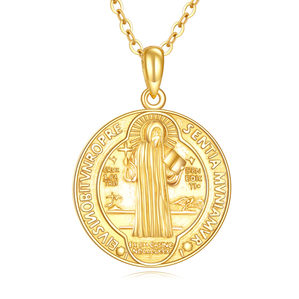 10K Gold St Benedict Medal Pendant Necklace for Men-1