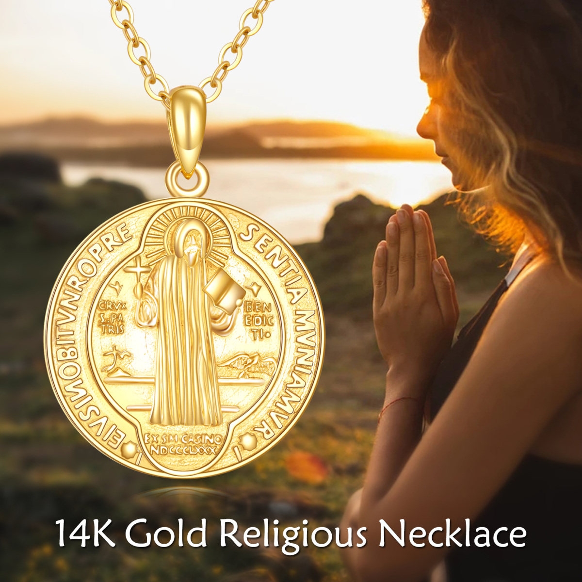 14K Gold St Benedict Medal Pendant Necklace for Men-5