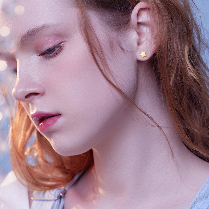 14k Gold Star And Ball Earrings Screw Back, Real Gold Double Sided Studs For Women-3