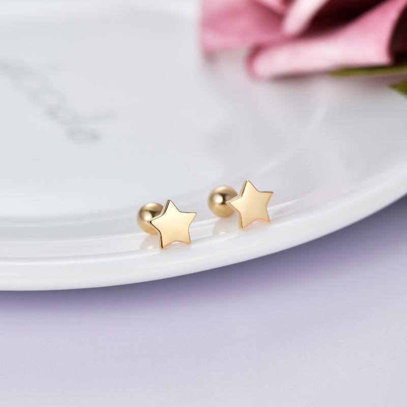 14k Gold Star And Ball Earrings Screw Back, Real Gold Double Sided Studs For Women-4