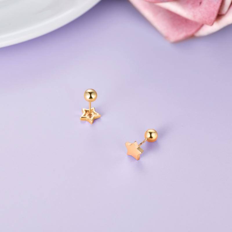 14k Gold Star And Ball Earrings Screw Back, Real Gold Double Sided Studs For Women-5