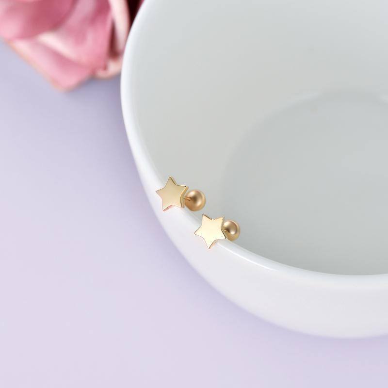 14k Gold Star And Ball Earrings Screw Back, Real Gold Double Sided Studs For Women-6