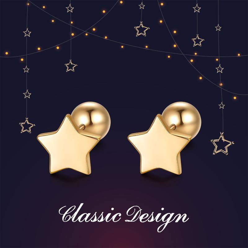 14k Gold Star And Ball Earrings Screw Back, Real Gold Double Sided Studs For Women-7