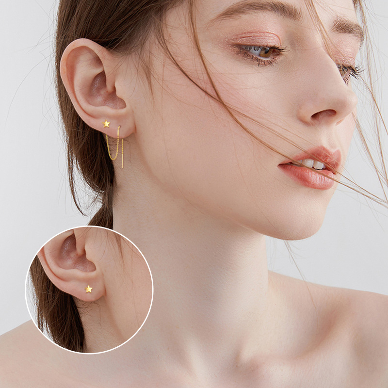 Pendientes colgantes de estrella de oro de 14 quilates, ideales para fiestas, citas, compromisos y bodas, para niñas y mujeres.-2