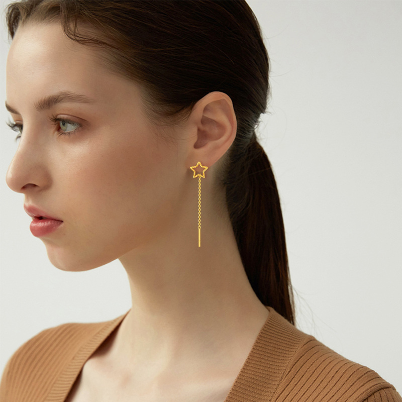10K Gold Star Drop Earrings-2