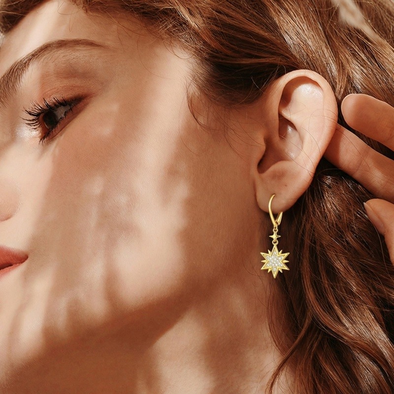 18K Gold Cubic Zirconia Star Explosion Lever-back Earrings-2