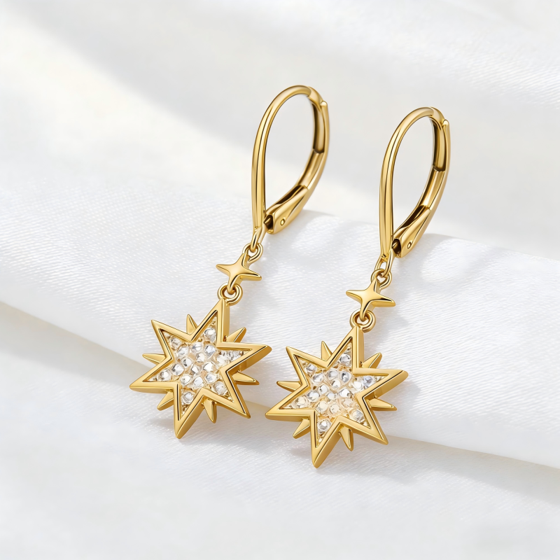 18K Gold Cubic Zirconia Star Explosion Lever-back Earrings-3