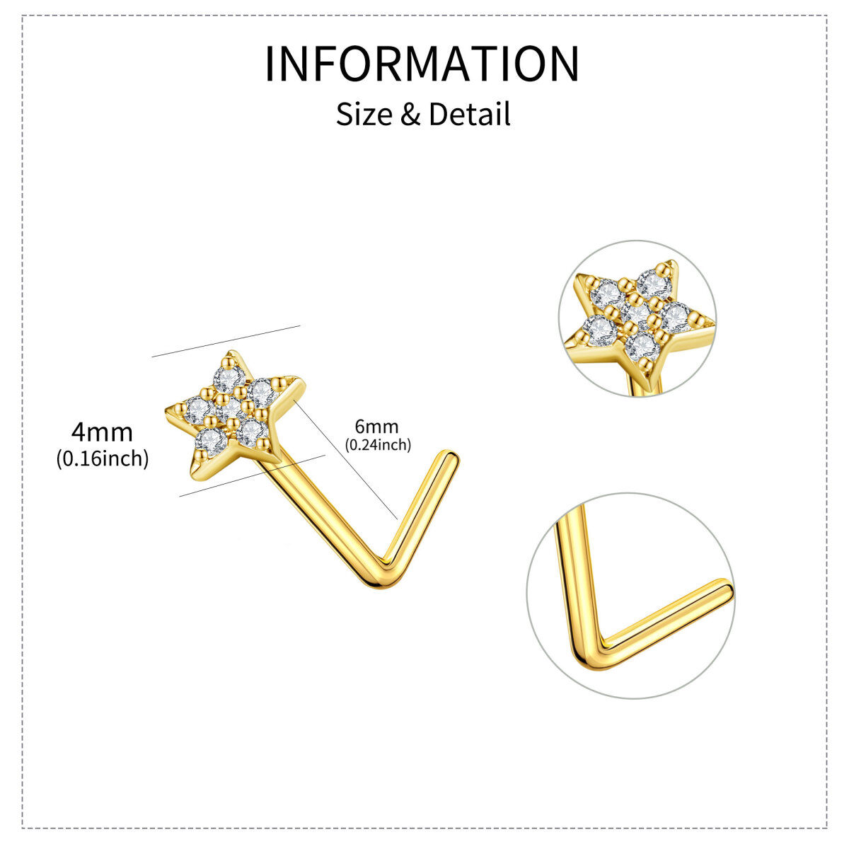 Anel de nariz em forma de estrela de zircônia cúbica de ouro 14K-5