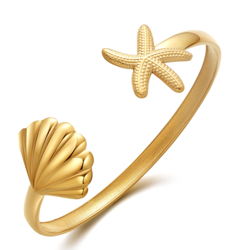 Sterling Silver with Yellow Gold Plated Star & Shell Plain Bangle Bracelet-7