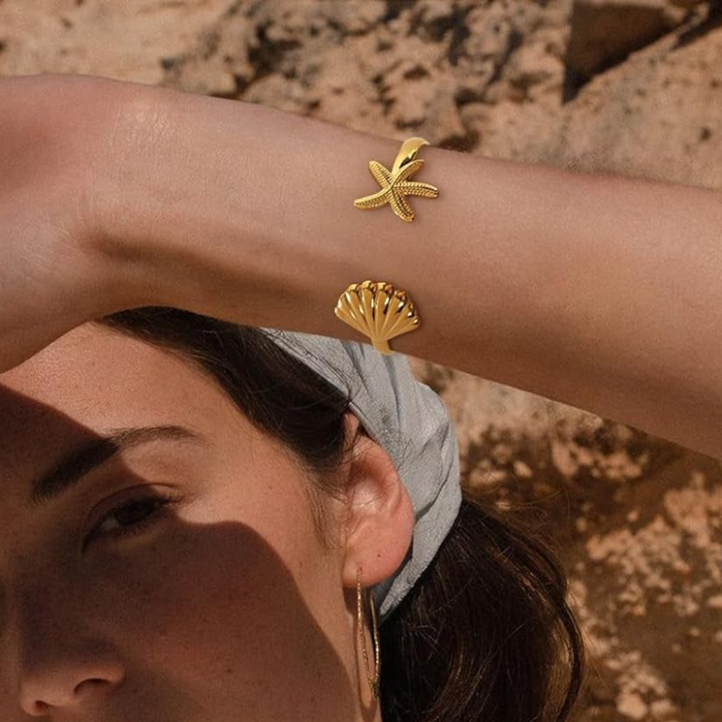 Sterling Silver with Yellow Gold Plated Star & Shell Plain Bangle Bracelet-3