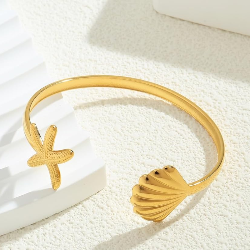 Sterling Silver with Yellow Gold Plated Star & Shell Plain Bangle Bracelet-4