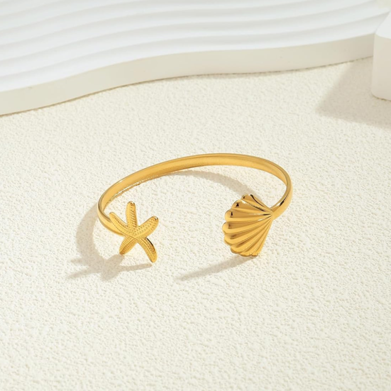 Sterling Silver with Yellow Gold Plated Star & Shell Plain Bangle Bracelet-5