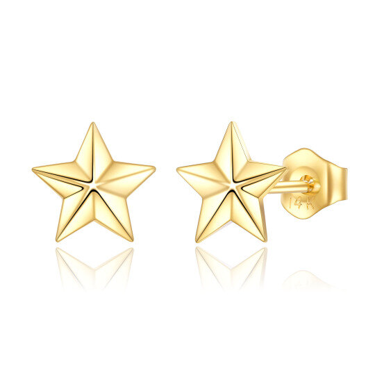 Brincos de estrela com design estereoscópico em ouro amarelo sólido real 14K para mulheres