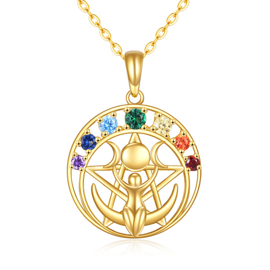 14K Gold Cubic Zirconia Star & Triple Moon Goddess Pendant Necklace