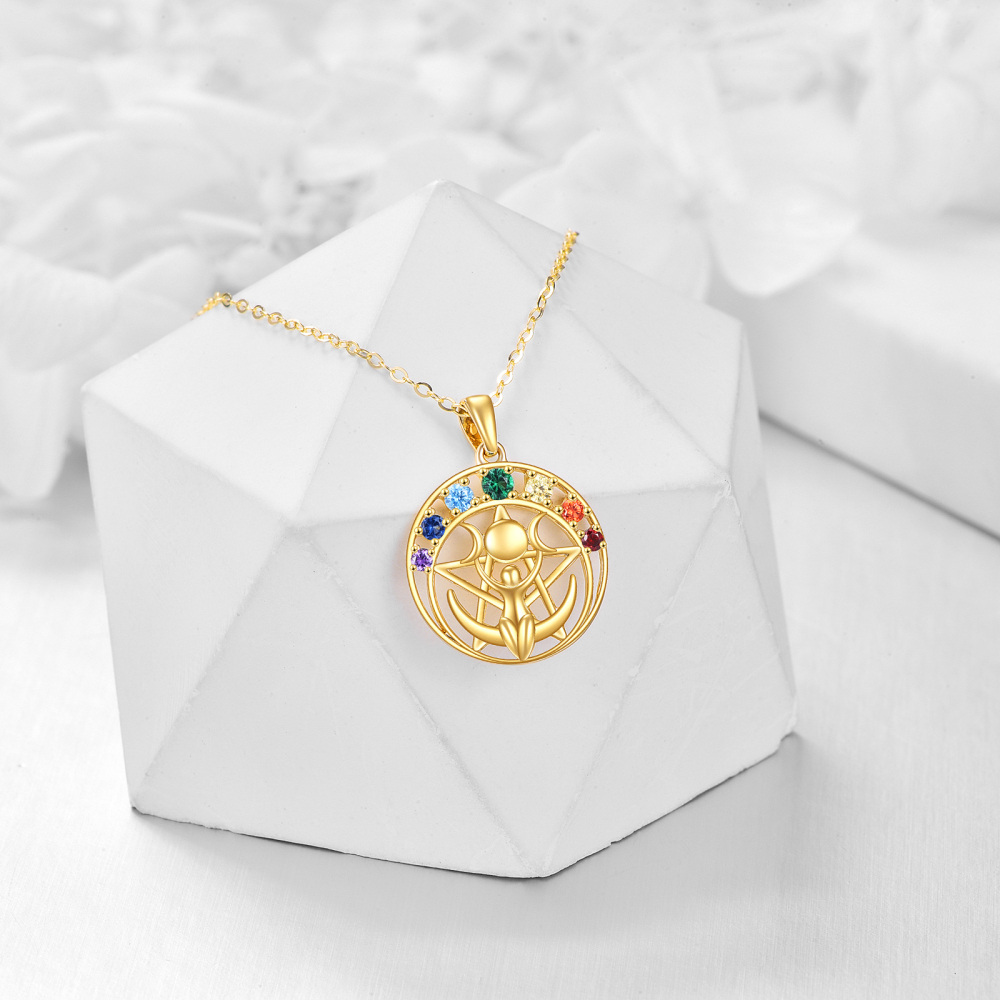 10K Gold Cubic Zirconia Star & Triple Moon Goddess Pendant Necklace-4