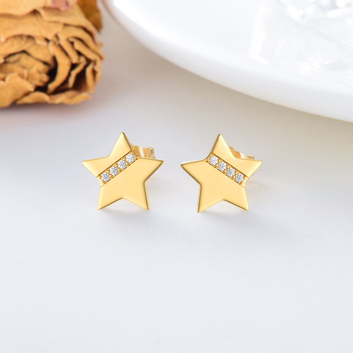 10K Gold Cubic Zirconia Stars Stud Earrings-3