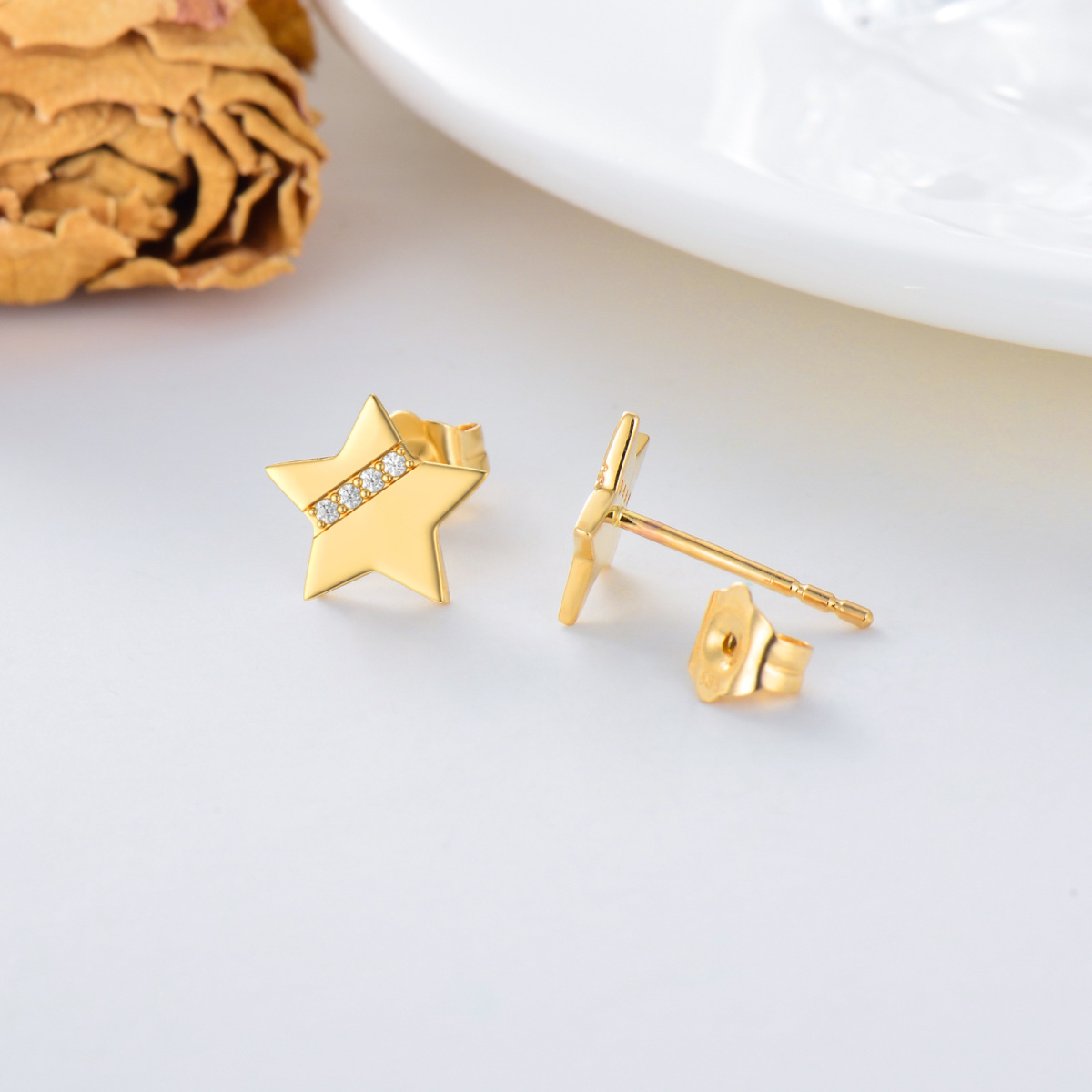 10K Gold Cubic Zirconia Stars Stud Earrings-4