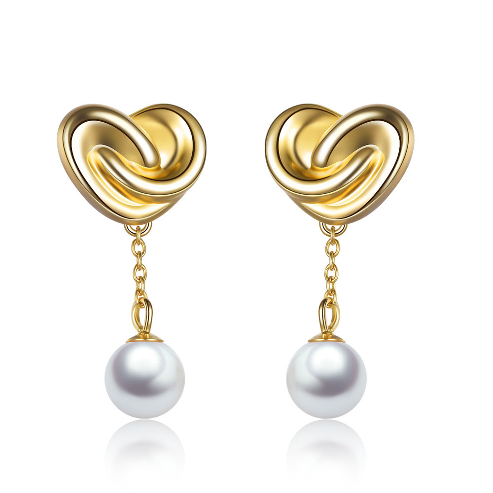 Sterling Silver with Yellow Gold Plated Round Pearl Heart Drop Earrings-1
