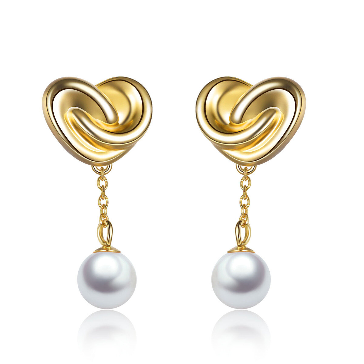 Sterling Silver with Yellow Gold Plated Round Pearl Heart Drop Earrings-1