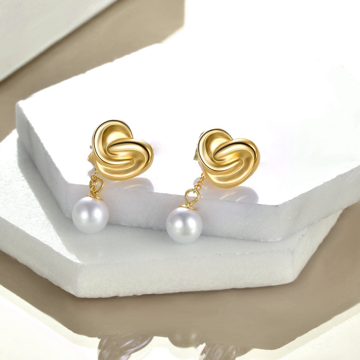 Sterling Silver with Yellow Gold Plated Round Pearl Heart Drop Earrings-3