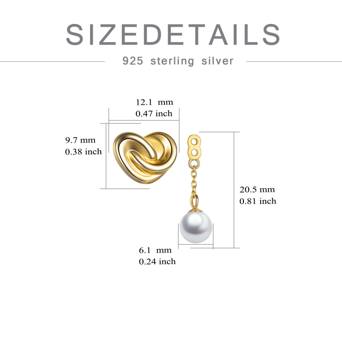 Sterling Silver with Yellow Gold Plated Round Pearl Heart Drop Earrings-4