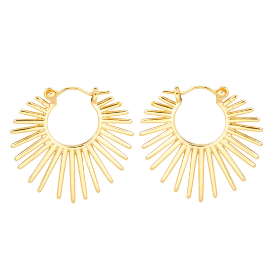 Sterling Silver with Yellow Gold Plated Sunburst-Style Hinged Hoop Statement Chunky Textured Huggie Earrings