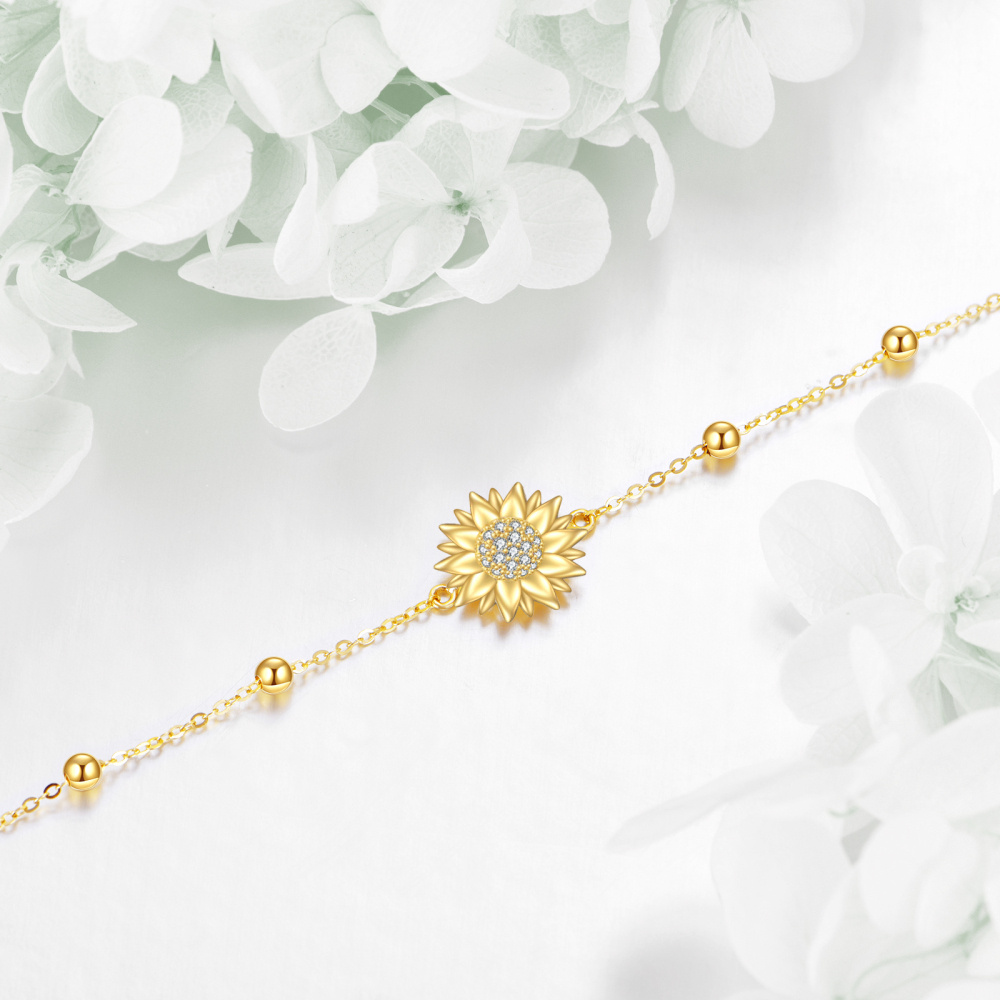 10K Gold Cubic Zirconia Sunflower & Bead Charm Bracelet-3