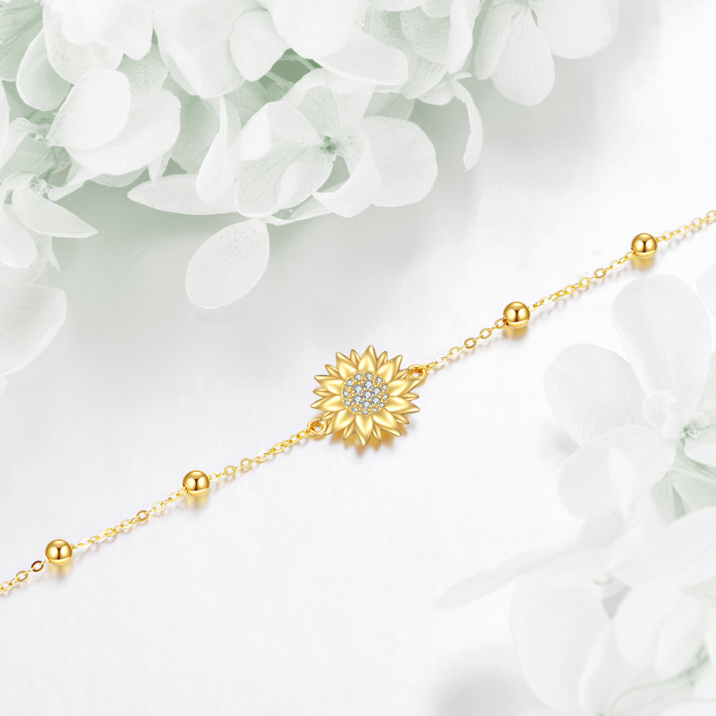 10K Gold Cubic Zirconia Sunflower & Bead Charm Bracelet-3