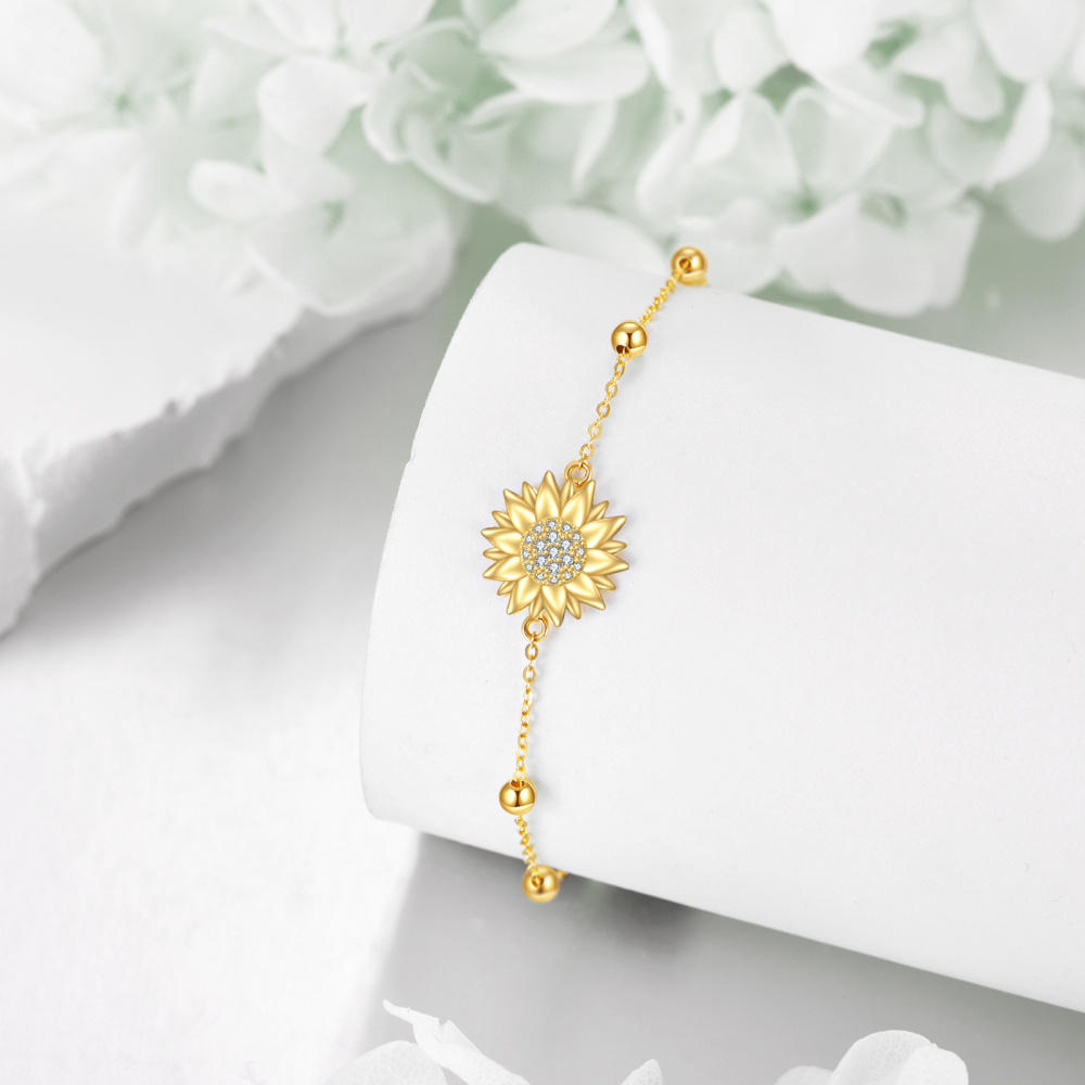 10K Gold Cubic Zirconia Sunflower & Bead Charm Bracelet-4