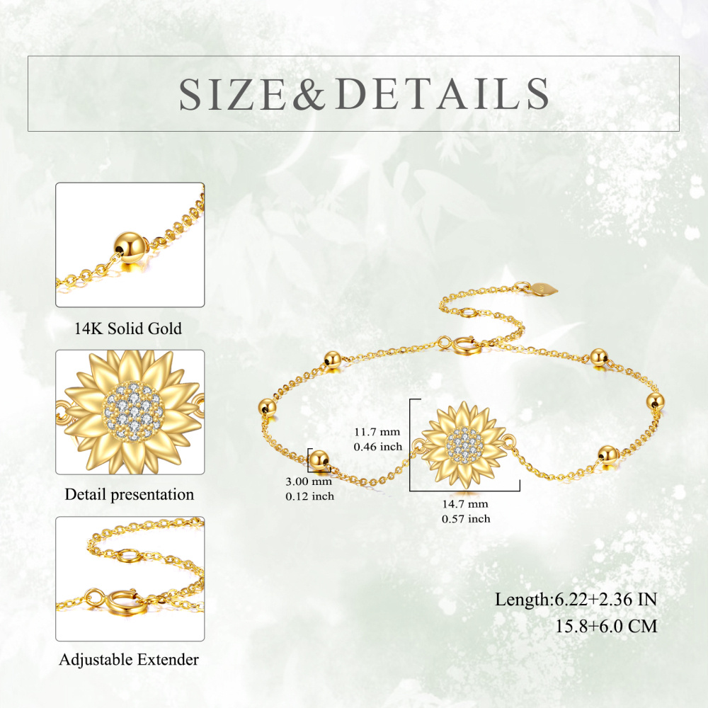 10K Gold Cubic Zirconia Sunflower & Bead Charm Bracelet-5